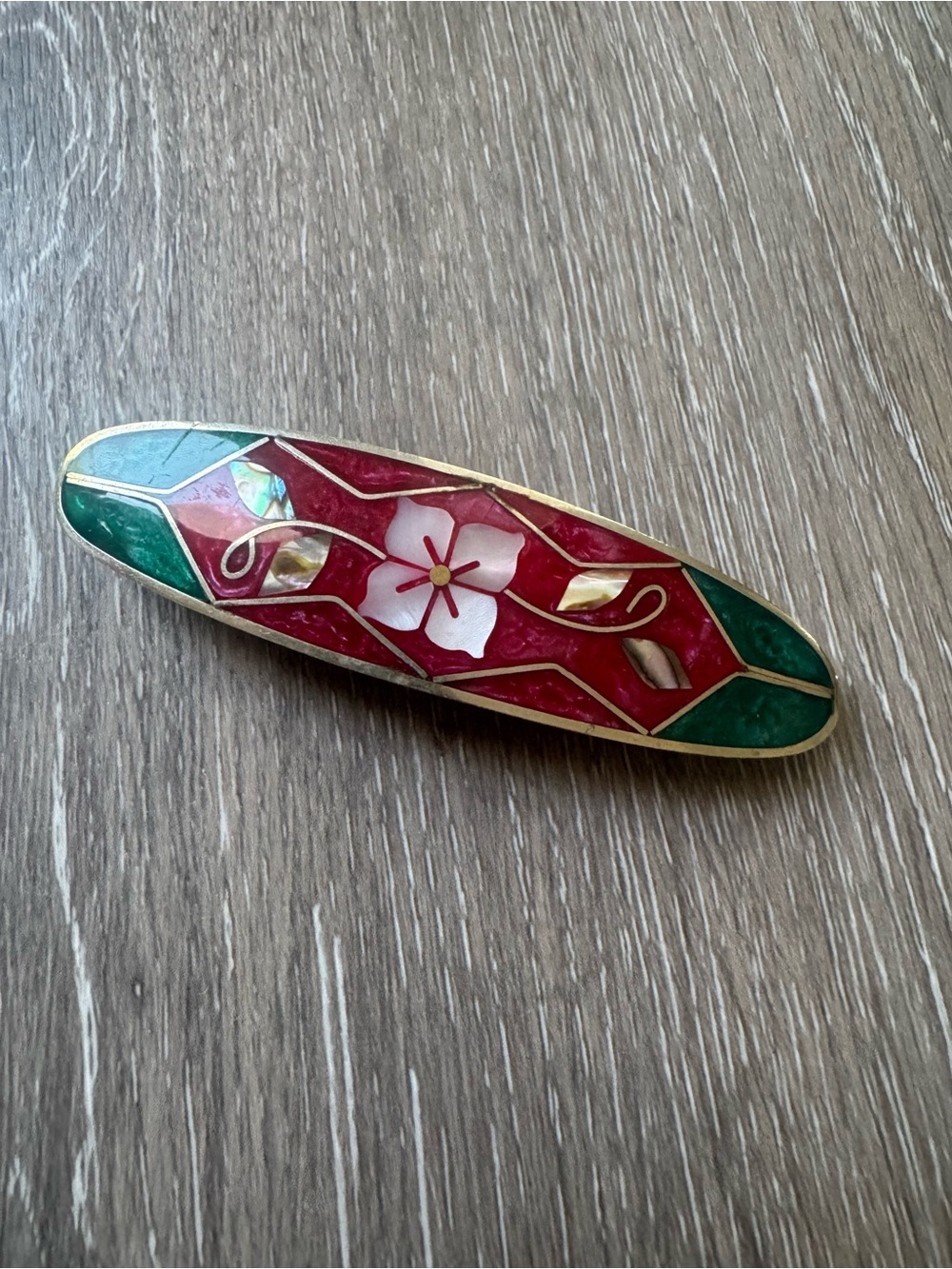 Mexican silver hair barrette with floral and enamel motifs